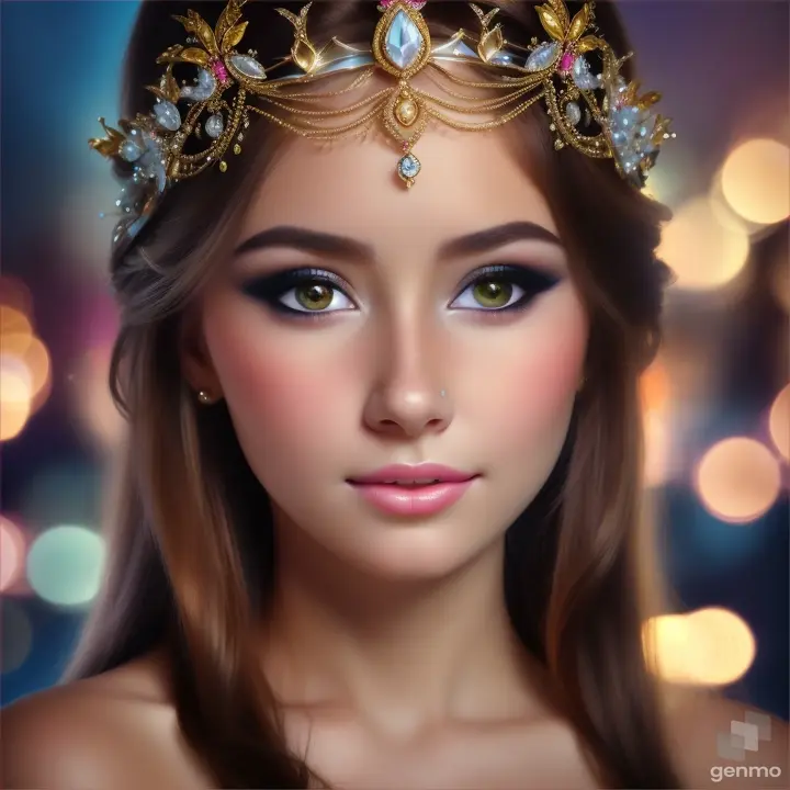 “A beautiful young woman opens her eyes wide and squeezes her eyelids. There is a small tiara on the head. The girl blinks.”