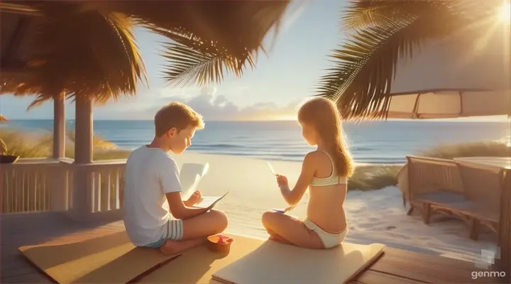 In a serene coastal setting, a boy and girl sit cross-legged on the front veranda of their mansion, facing the expansive beach view. As the golden hour bathes the scene in a warm glow, the gentle sound of waves lapping against the shore fills the air. The girl's notebook rests in her lap, her pen moving gracefully across the pages as she writes. The boy sits beside her, eyes closed in meditation, his breathing slow and steady. The rustle of palm trees and the distant cry of seagulls add to the tranquil ambiance. In this moment of serenity, the boy and girl find solace and inspiration, connecting deeply with the natural beauty surrounding them.