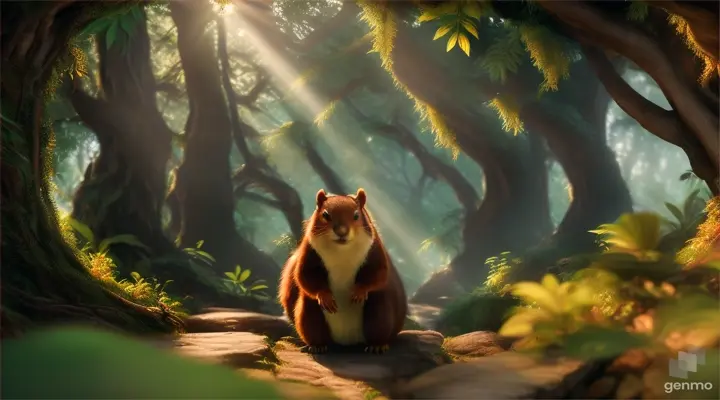 Showcase the journey through the jungle as the squirrel leads the bear to the cave with honey and fruits.