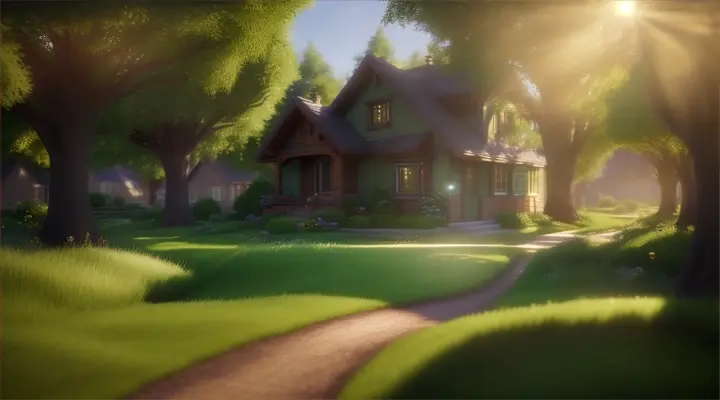 Green nature with trees and some house's and lot  of grass sunlight pixar 3d