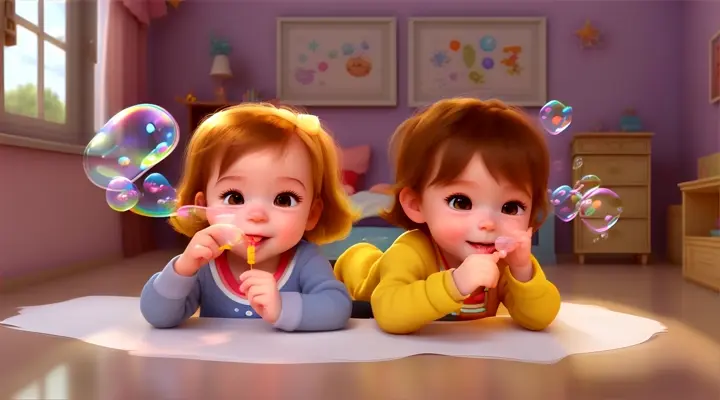 Two cartoon baby kids blowing big bubbles in a cozy Pixar-style 3D room, happily giggling with eye-blink animations