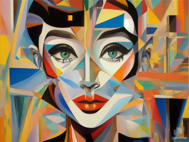 Cubist-inspired portrait of Audrey Hepburn with a dreamlike, surreal quality