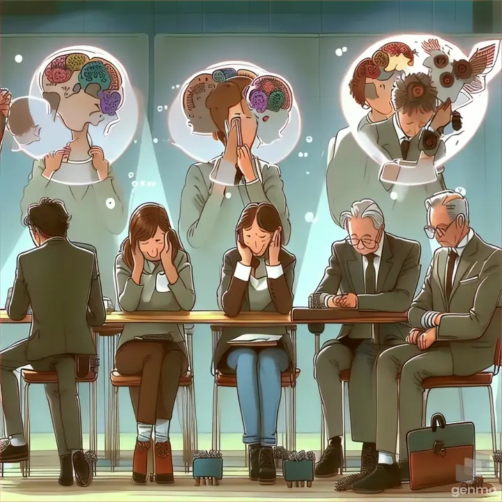 a group of people sitting at a table with a thought bubble above them