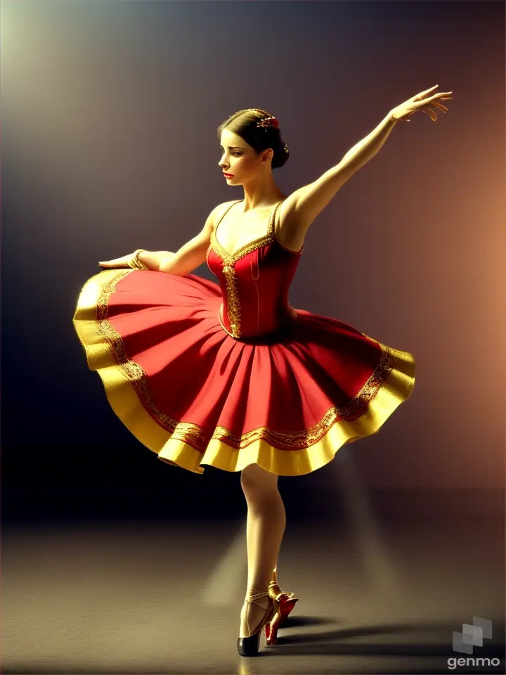 A ballerina in a Carmen costume dances the Spanish dance of castanets and steps importantly onto the stage.  Overall plan