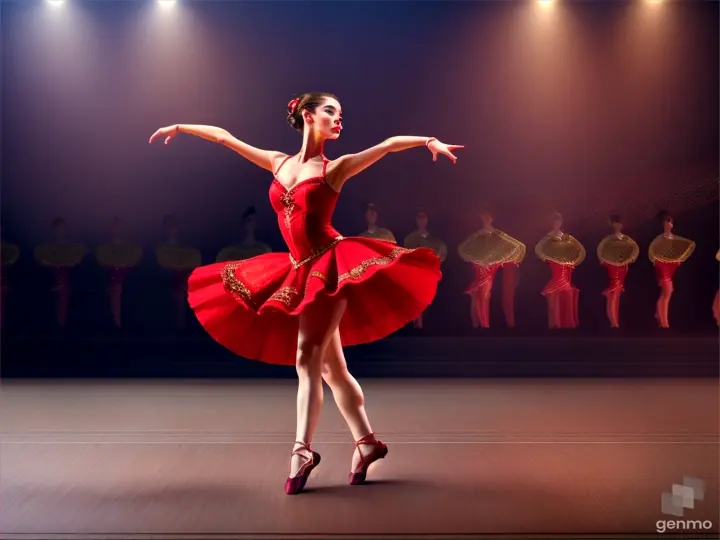 A ballerina in a Carmen costume dances the Spanish dance of castanets and steps importantly onto the stage.  Long plan