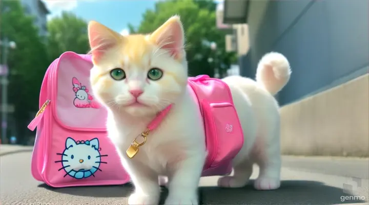 Kitten:
Kittens have soft, yellow fur.
The kitten's eyes are big, round, blue.
Cute little pink kitten nose.
The kitten's mouth curled up, showing a radiant smile.
The kitten is wearing a pink schoolbag with Hello Kitty printed on it.
The school bag is the right size for a kitten and can be worn over the shoulder.
Background:
The kitten is walking on the sidewalk, which is paved.
Next to the sidewalk is a green fence, creating a cool and bright feeling.
The sky is clear blue, with white clouds.