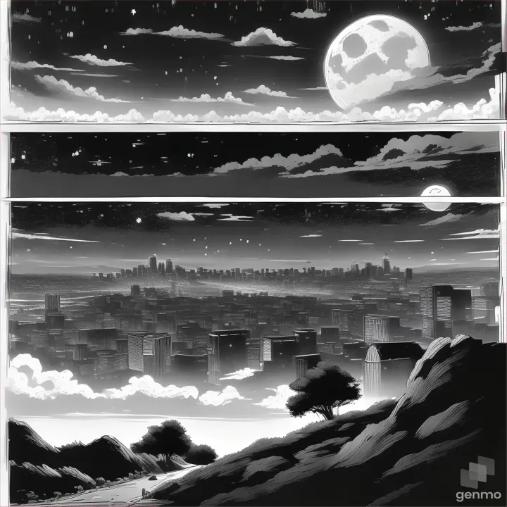 a black and white illustration of a city at night