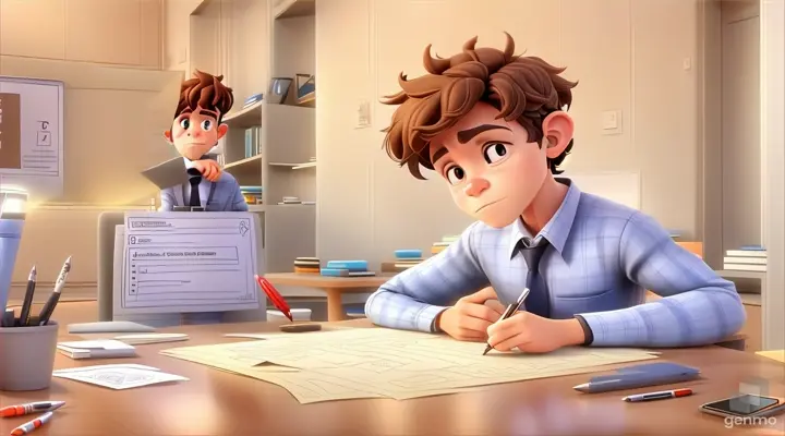 a boy sitting at a desk with a pen and paper