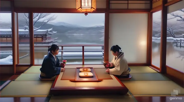 Escena 4: Un crucero especial en barco Kotatsu en invierno, con los pasajeros JAPONESES sentados alrededor de una mesa kotatsu disfrutando de sake caliente y loncheras bento mientras contemplan las vistas nevadas.




Escena 2: Interior del edificio principal, con una sala de exposiciones amplia y bien iluminada. En el centro, se observa una vitrina con una colección de cerámicas antiguas japonesas. Los visitantes en su mayoria japoneses se encuentran admirando las piezas y leyendo las explicaciones.


