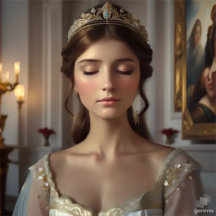 A beautiful European young woman opens her eyes and closes her eyelids. The girl blinks slowly. small tiara on the head.