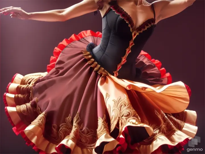 A ballerina in a Carmen costume dances the Spanish dance of castanets and steps importantly onto the stage.  Overall plan