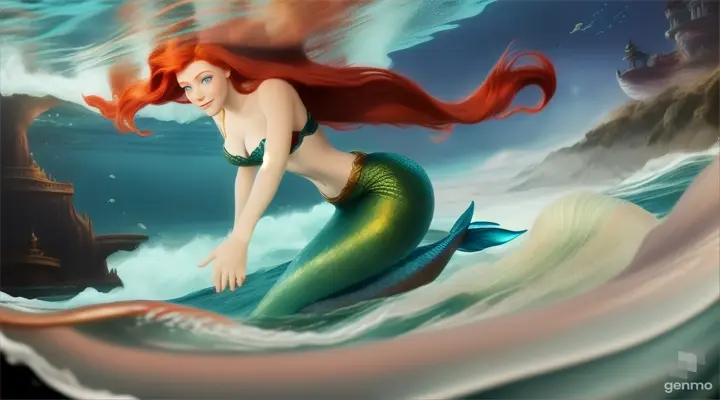 make an animated video of: Ariel, a mermaid with red hair  watched in horror as the prince fell into the sea as his ship collapsed