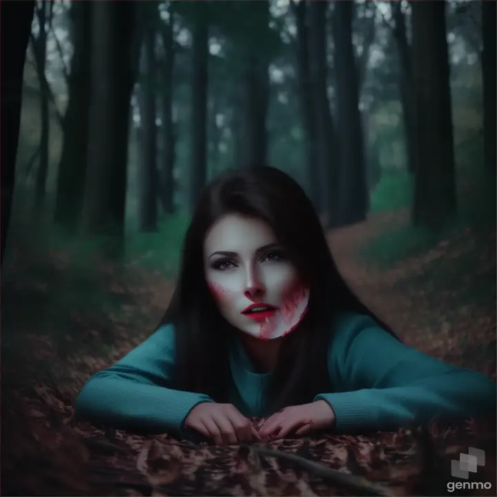 Realistic HD beautiful human face woman hurt cut fear face open mouth is laying down in the woods at night 