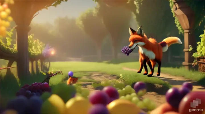 /imagine prompt: 3D animation, personality: [Illustrate Uplifting Cartoon characters engaging in fun activities A fox trying to obtain grapes from a vineyard but failing. It should feel otherworldly and magical.] unreal engine, hyper real --q 2 --v 5.2 --ar 16:9