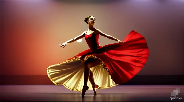 A ballerina dressed as Carmen dances the Spanish dance of castanets and  jumps over the stage.  overall plan