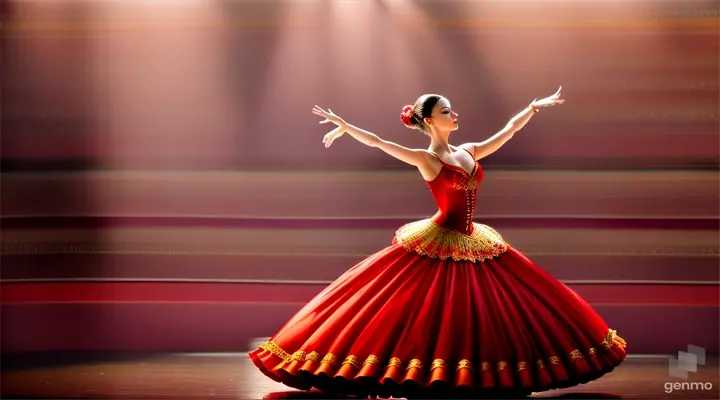 A ballerina dressed as Carmen dances the Spanish dance of castanets and jumps over the stage.  Long plan