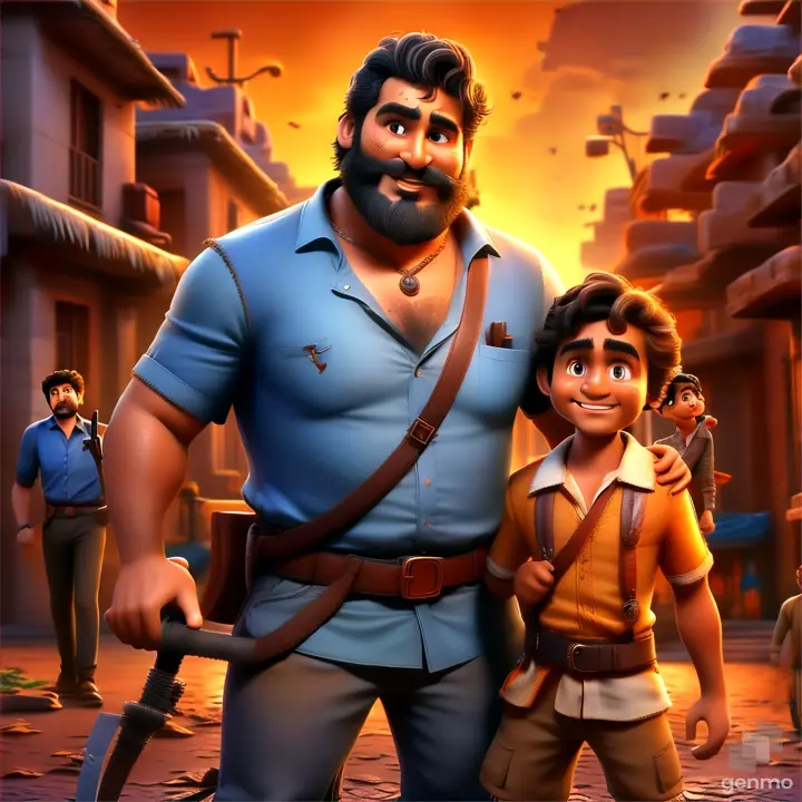 a man with a beard standing next to a young boy, make the character real scene 