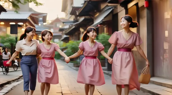 a group of women walking down a street holding hands