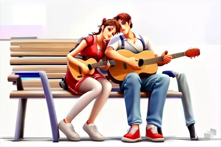 a woman sitting on a bench next to a man with a guitar