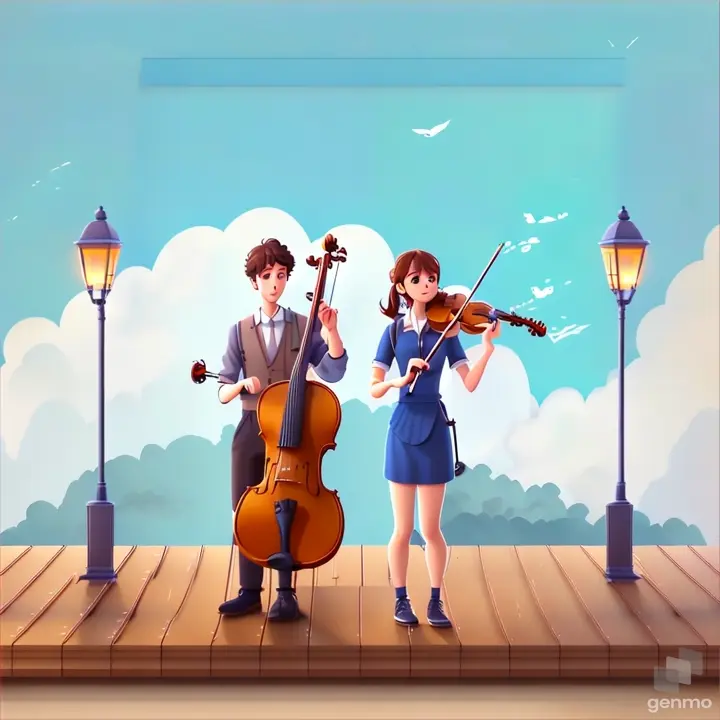 a man and a woman playing violin on a pier