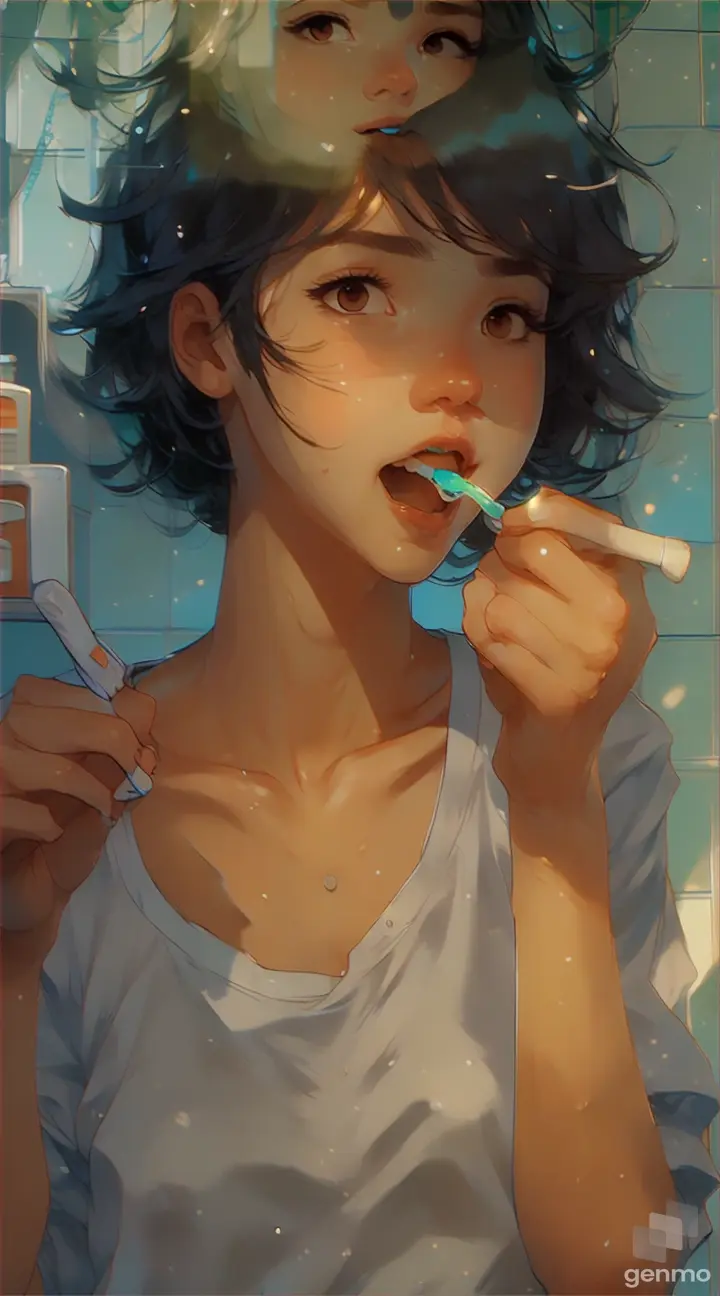 a woman brushing her teeth in a bathroom