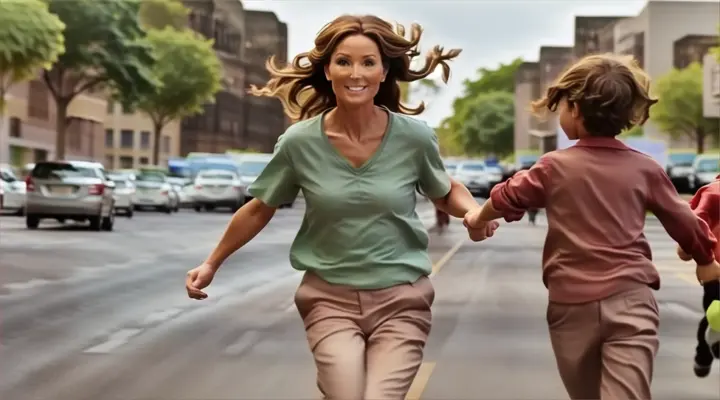 a woman and a child running down a street