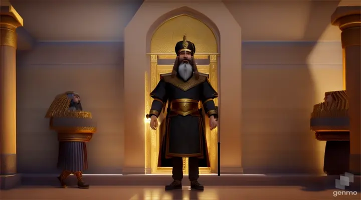 ancient king of babylon , mid-long beards, surrounded by his servants, ((bible illustration style)), ancient babylon background scene, (large depth of field effect),(((arcane style))), League of Legends style, game modelling