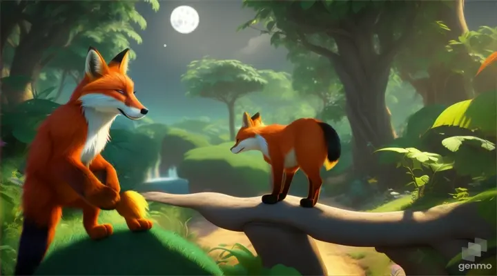 /imagine prompt: 3D animation, personality: [Illustrate Uplifting Cartoon characters engaging in fun activities A final image of the fox, alone in the moonlit jungle, pondering its place in the world and its desire for acceptance. It should feel otherworldly and magical.] unreal engine, hyper real --q 2 --v 5.2 --ar 16:9