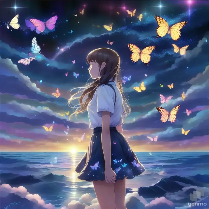 a girl standing in the ocean with butterflies flying above her