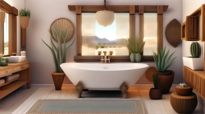 Boho-style bathroom in a desert oasis, with white interior, succulents, and natural wood elements