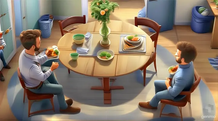 a couple of people sitting at a table with plates of food