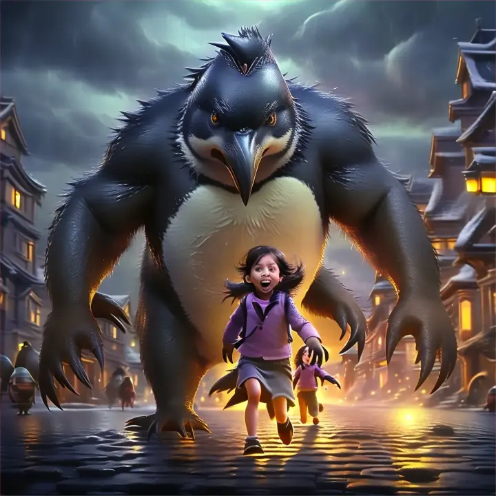 a little girl running away from a big penguin monster