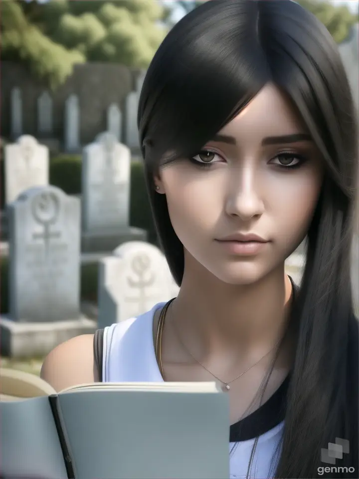 Una mujer joven de espaldas en el cementerio con el pelo largo moreno leyendo un folio. Anime