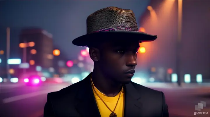 morphing black youth in a trilby hat rhythmically walking down a street, photorealistic, 