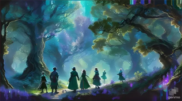a painting of a group of people standing in the middle of a forest.