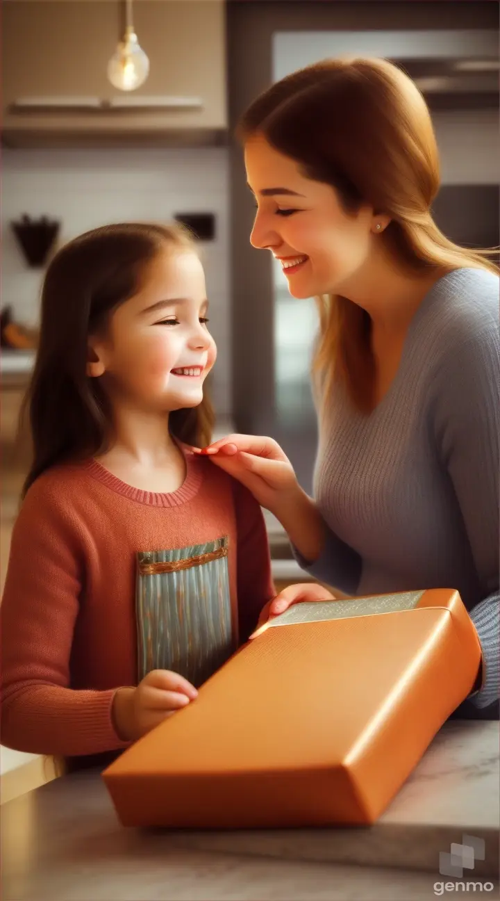 A girl give gift to her mother in the kitchen