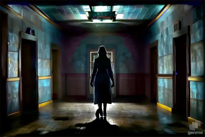 a woman walking down a hallway in a dark room