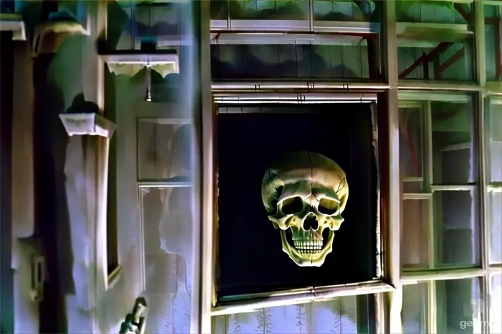 a skeleton head sticking out of a window