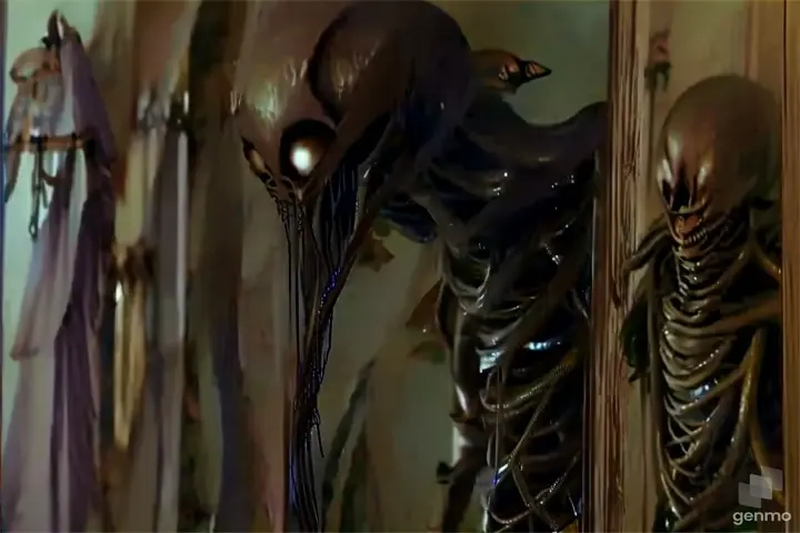 a creepy looking alien standing in a doorway