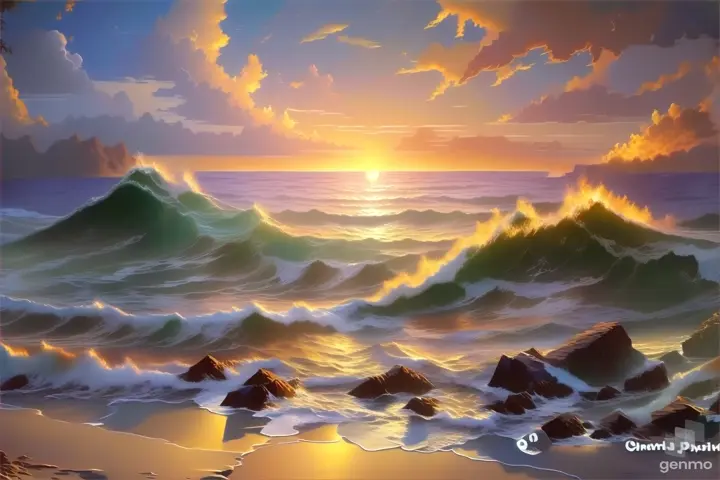 a painting of a sunset over the ocean