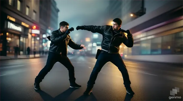 A photorealistic,two people fighting on a street,