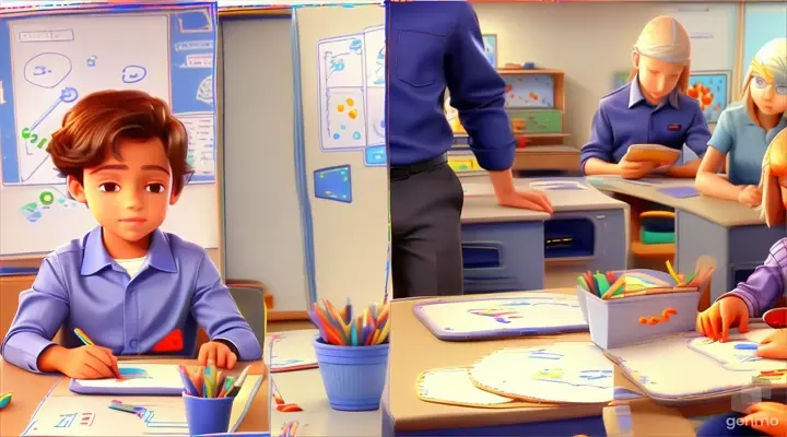 two pictures of a boy and a girl at a desk