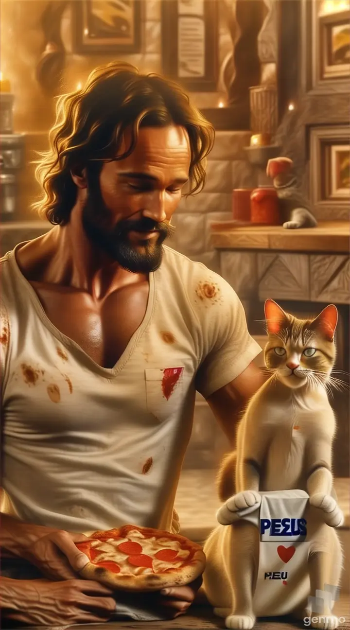 a man with a cat looking at a pizza