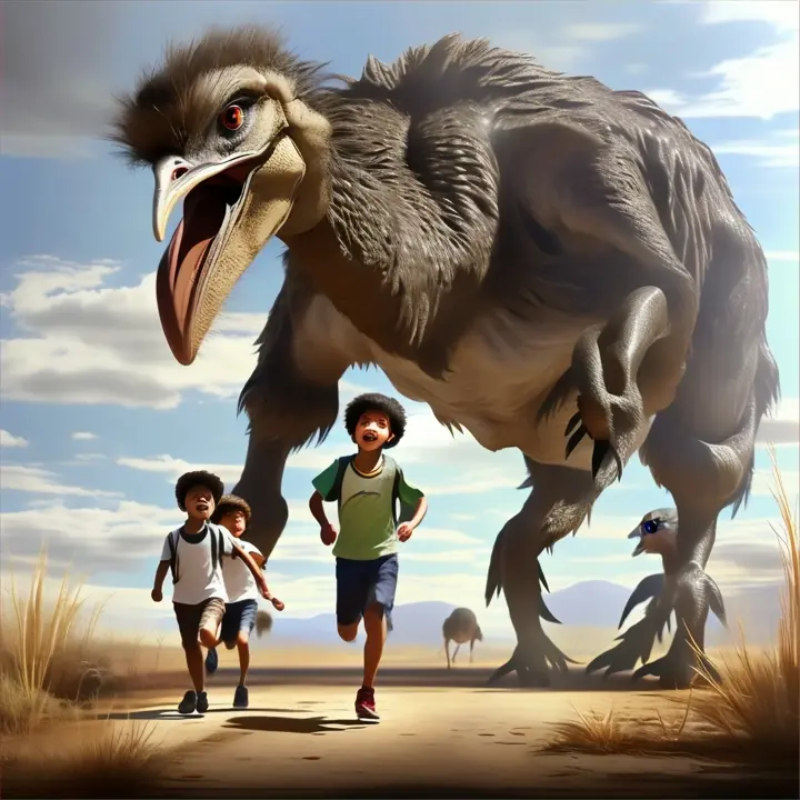 a group of children running in front of a large ostrich monster