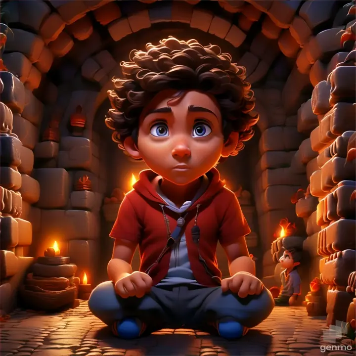 a young boy sitting on the ground in front of a fire place, make the  boy moving 