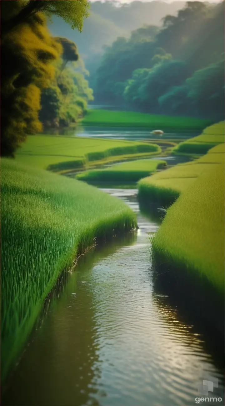 Sungai kecil airnya jernih di pinggir sawah dengan bunga alam dibalik bukit hijau 