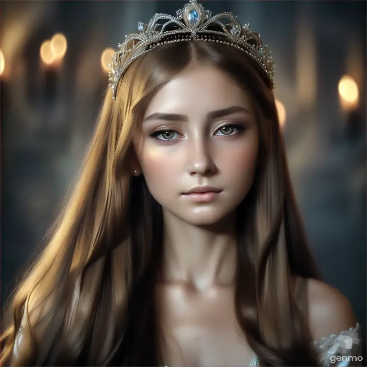 A beautiful European young woman opens her eyes and closes her eyelids. The girl blinks slowly. small tiara on the head.