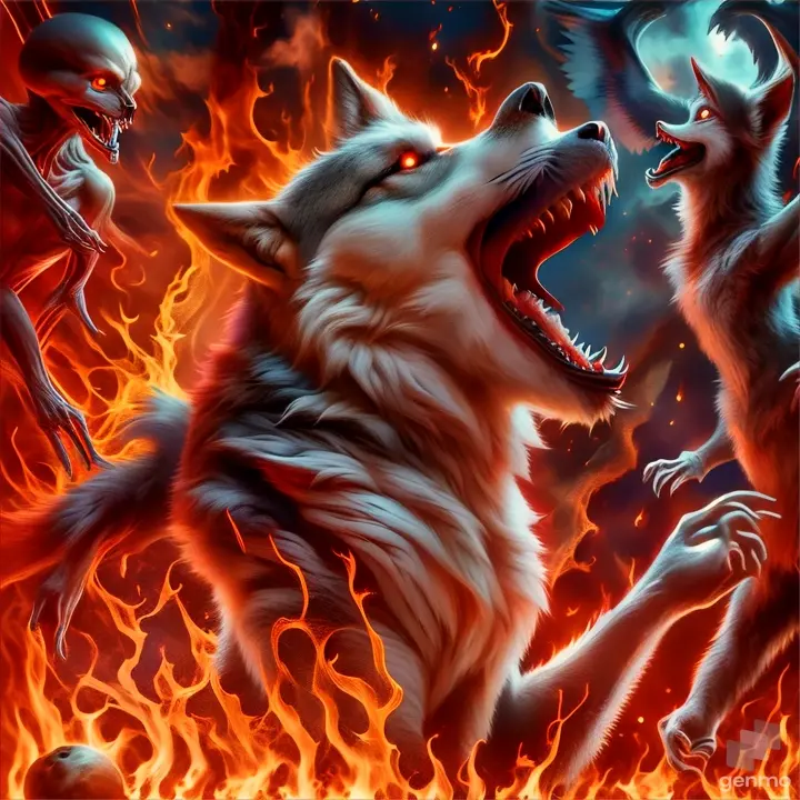 a wolf with its mouth open in front of a demon