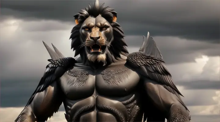  Pazuzu (Assyrian and Babylonian Mythology)
Imagine a fearsome deity Pazuzu, standing tall and imposing against a tumultuous sky backdrop that hints at his domain over wind and storms. His body is a hybrid of man and mythical creatures, with a scaly, muscular torso reminiscent of ancient serpents. His face bears the fierce expression of a lion or dog, equipped with sharp, menacing teeth. Two pairs of wings unfurl from his back, each feather detailed and imposing, suggesting an ability to soar and command the winds. His hands and feet end in eagle-like talons, clutching onto a stone pedestal that marks the boundary between the earthly realm and the divine. Around him, the air swirls with the dust and debris of a forming storm, embodying his chaotic nature. This depiction captures Pazuzu's dual role as a demon of the wind and a protector against evil spirits.