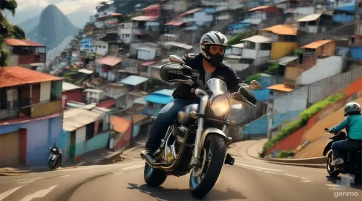 A biker driving a motorcycle, going up in the favela of Rio de Janeiro, realistic